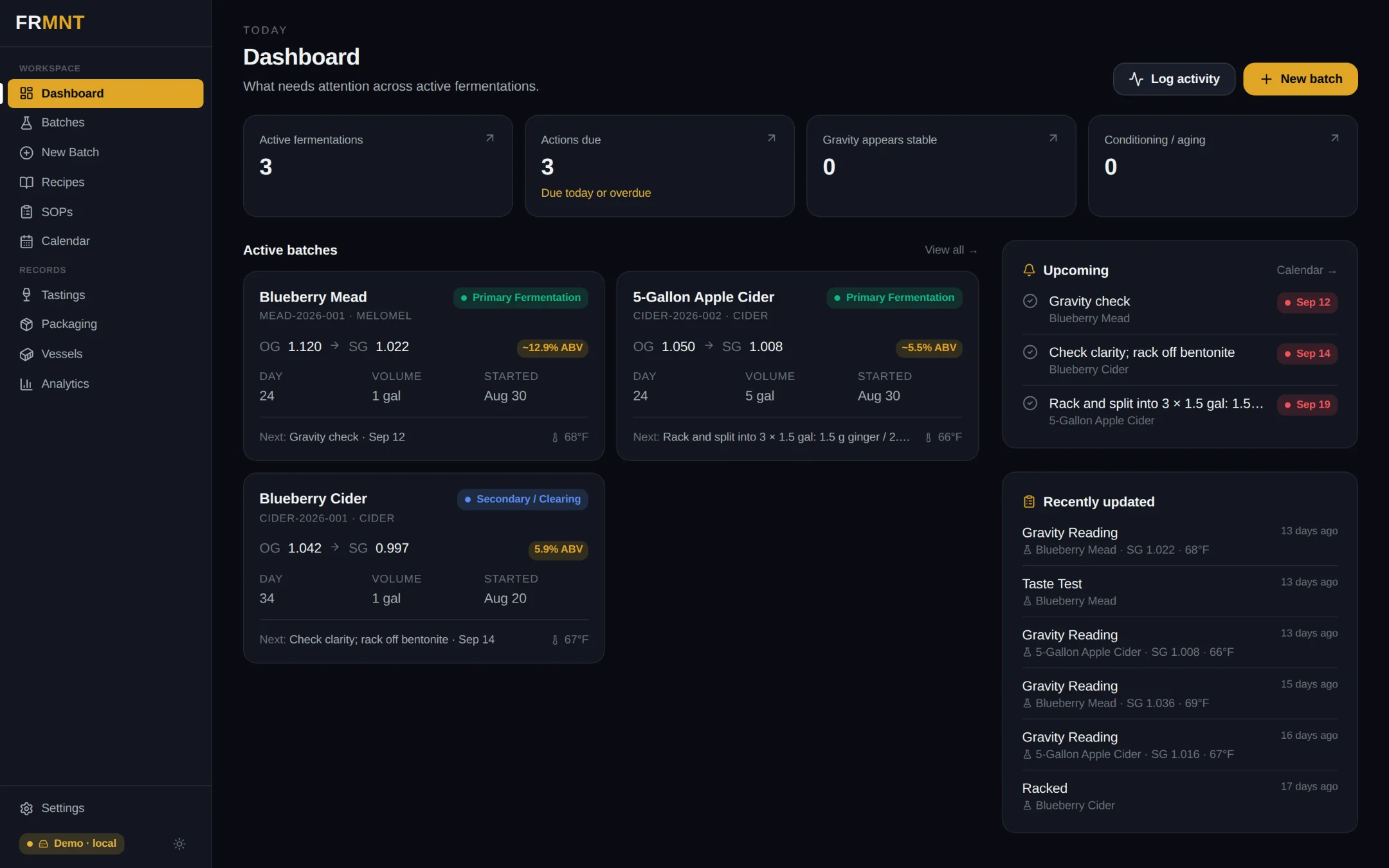 FRMNT dashboard: active fermentations, actions due, gravity readings
